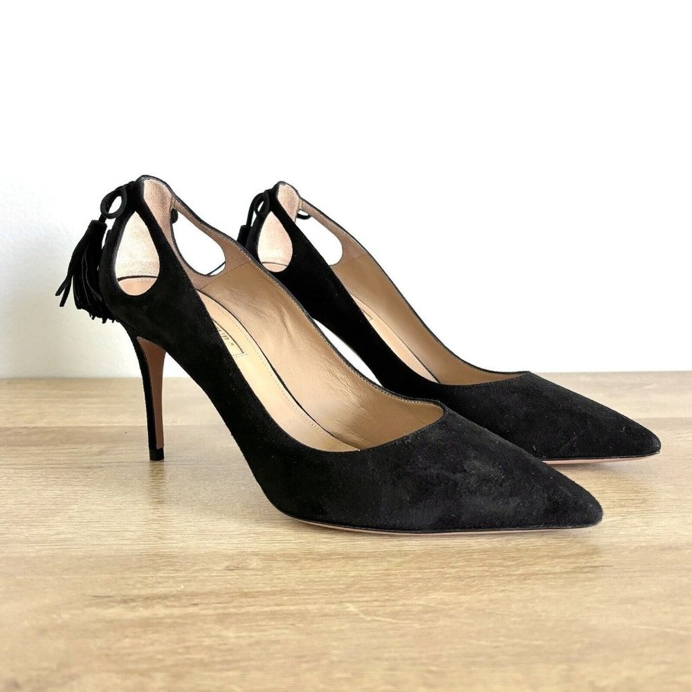 Gently used Aquazzura Forever Marilyn Cutout Black Suede Tassel Heels Sz 36.5